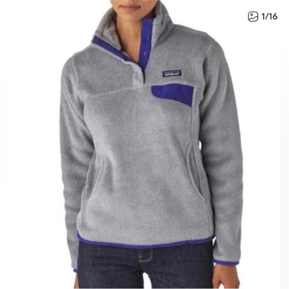 Patagonia women’s re-tool snap t fleece sweater grey purple